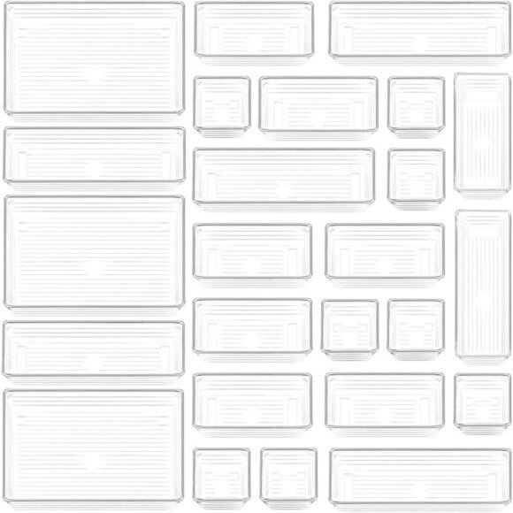 Clear Plastic Drawer Organizer Trays 25 Pack Bathroom Kitchen Office Storage Bin - Picture 1 of 7